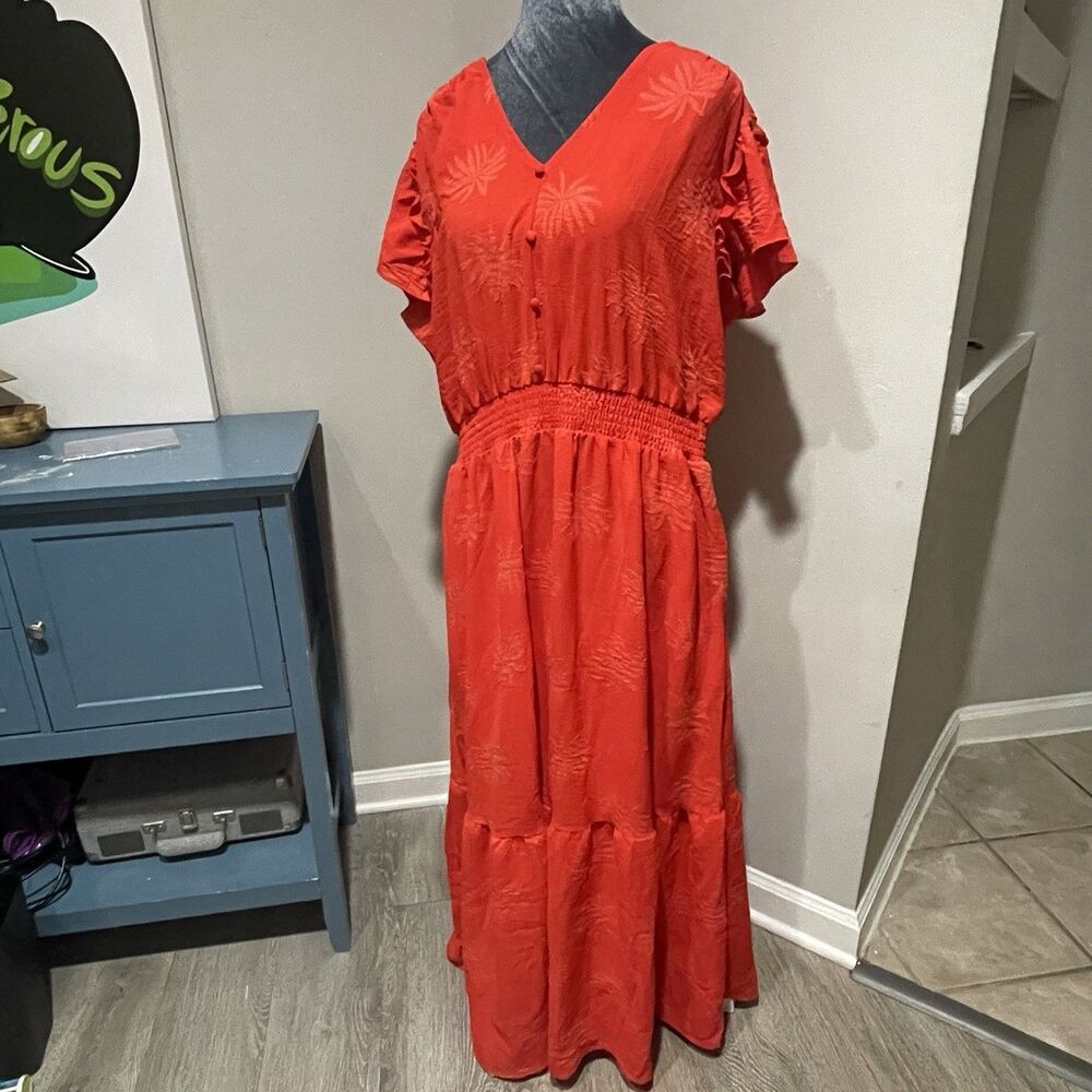 C By One Red Orange Palm Leaf Maxi Dress 1X Smocked Waist Ruffle Vacation NWT